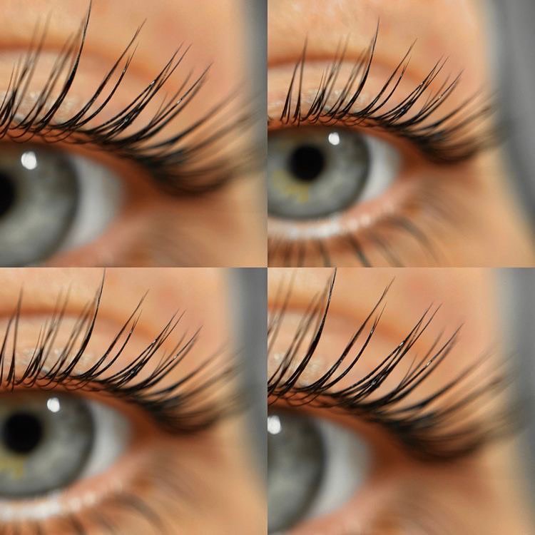 Four close-ups of lifted, curled natural lashes