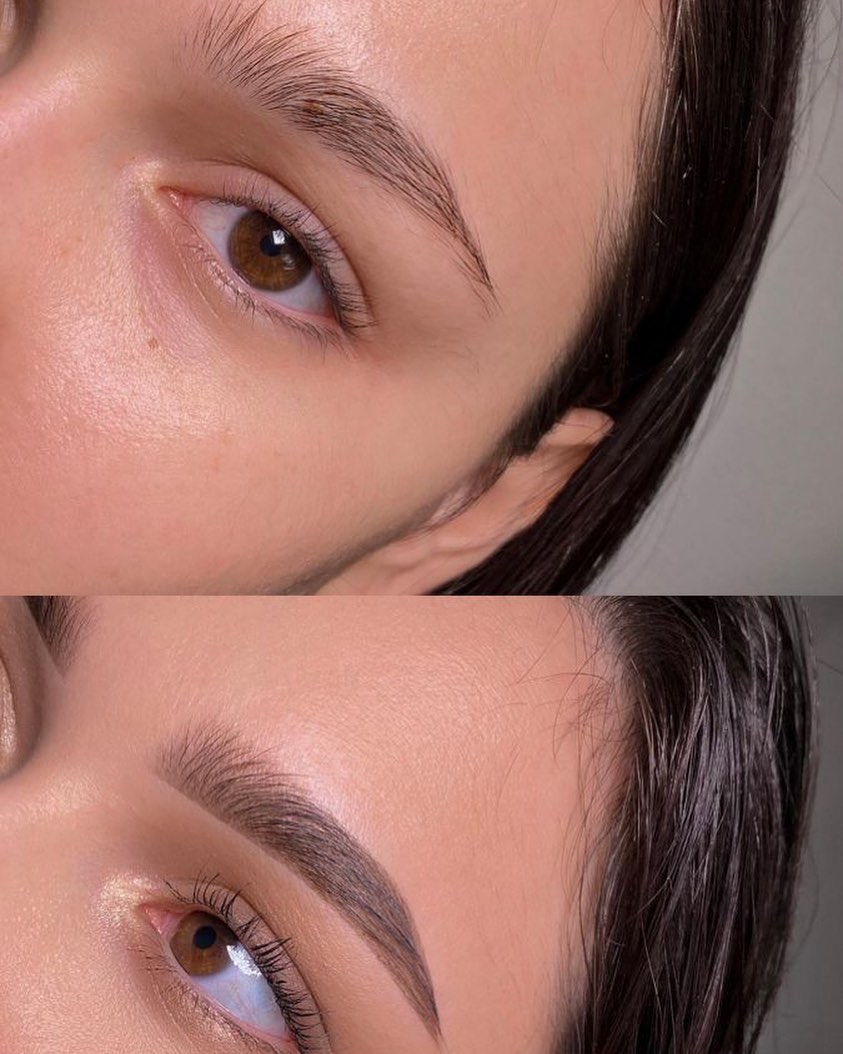 Before and after of a shaped, tinted brow